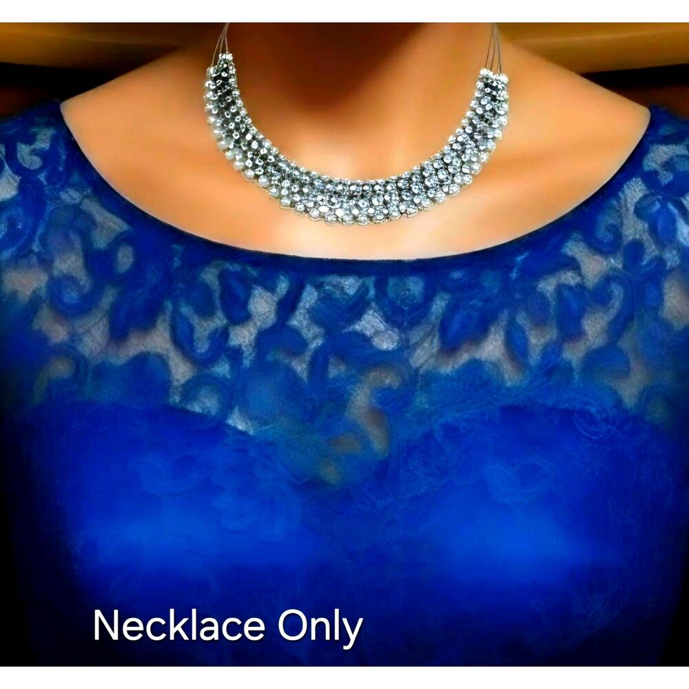 Studio Works Rhinestone Faux Pearl Multi Strand Statement Necklace Silver Tone